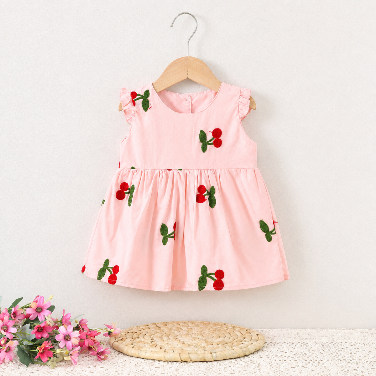 Imported đ Baby Girlsâ Sleeveless Cherry Embroidered Cotton Dress â Summer New Arrival