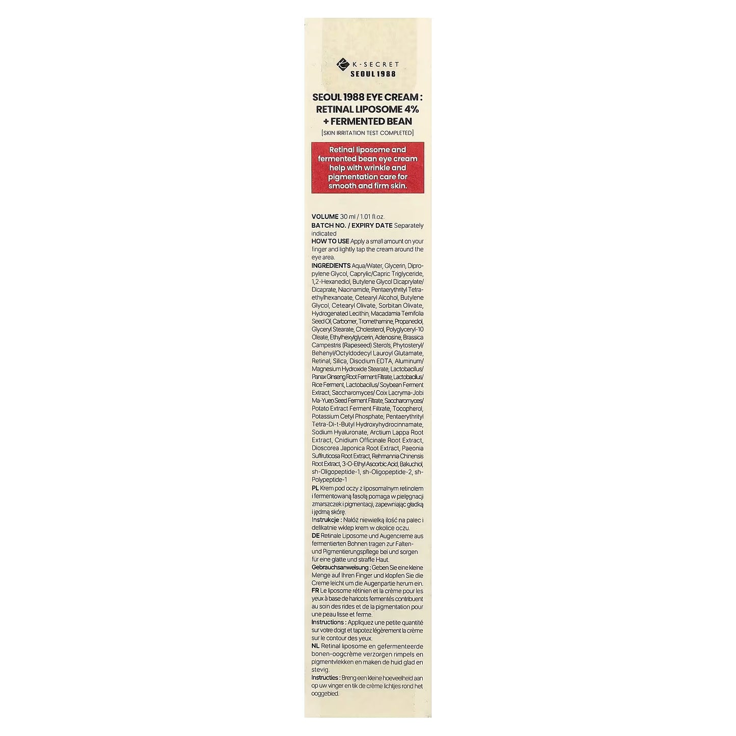 K-Secret, Seoul 1988 Eye Cream, Retinal Liposome 4% + Fermented Bean, 1.01 fl oz (30 ml)