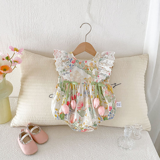 Imported 🌸 Baby Girls’ Floral Princess Romper – Class A Cotton Summer Bodysuit