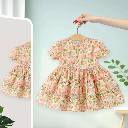 Imported🌹🌷 Girls’ Rose & Tulip Printed Princess Dress – Summer Short Sleeve