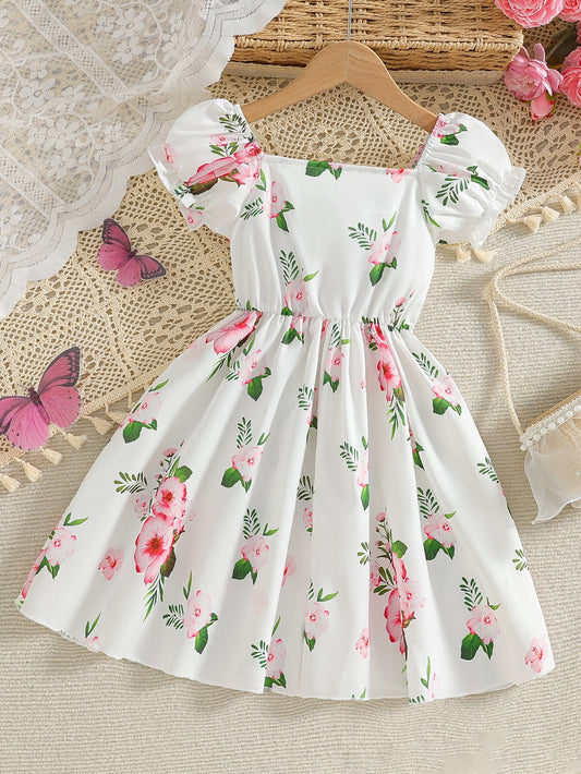 Imported 🌸 Girls’ White French Princess Dress – Pink Floral Lantern Sleeve Summer Outfit