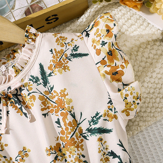 Imported 🌸 Girls’ French Retro Printed Pleated Dress – Summer Flying Sleeve Princess Dress