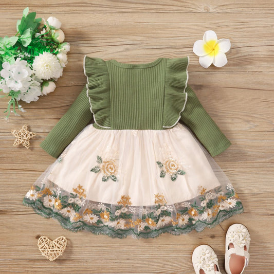 Imported🌸 INS Style Baby Girls’ Patchwork Floral Mesh Dress – Spring & Autumn Long Sleeve