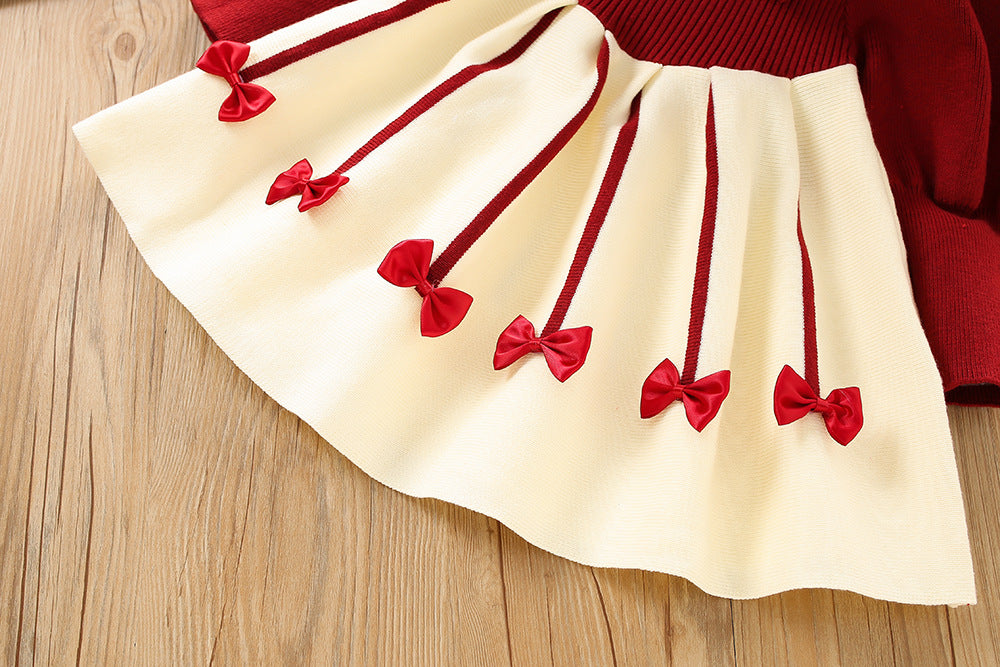 Imported ❄️ Winter Girls’ Knitted Bow Dress – Korean Style with Puff Sleeves