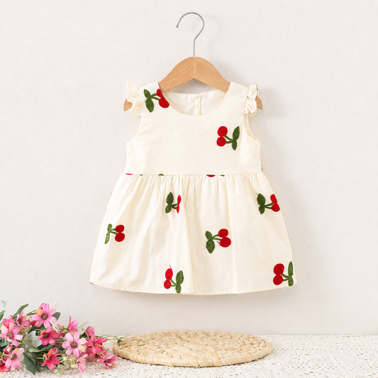 Imported 🍒 Baby Girls’ Sleeveless Cherry Embroidered Cotton Dress – Summer New Arrival