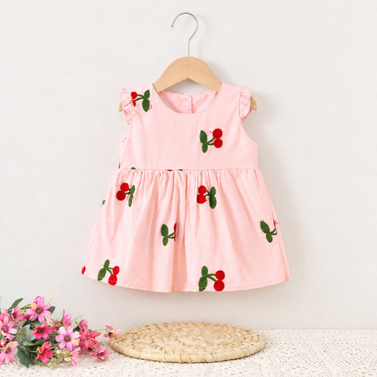 Imported 🍒 Baby Girls’ Sleeveless Cherry Embroidered Cotton Dress – Summer New Arrival