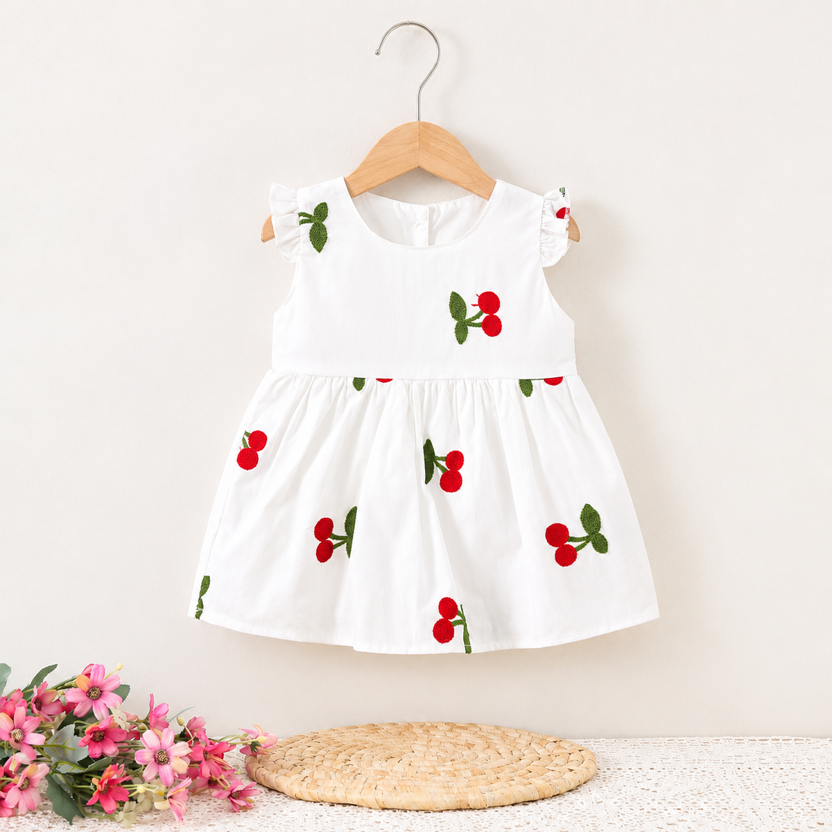 Imported 🍒 Baby Girls’ Sleeveless Cherry Embroidered Cotton Dress – Summer New Arrival