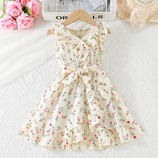 Imported 🌼 Girls’ Summer Beige Floral Dress – Lotus Collar with Belt