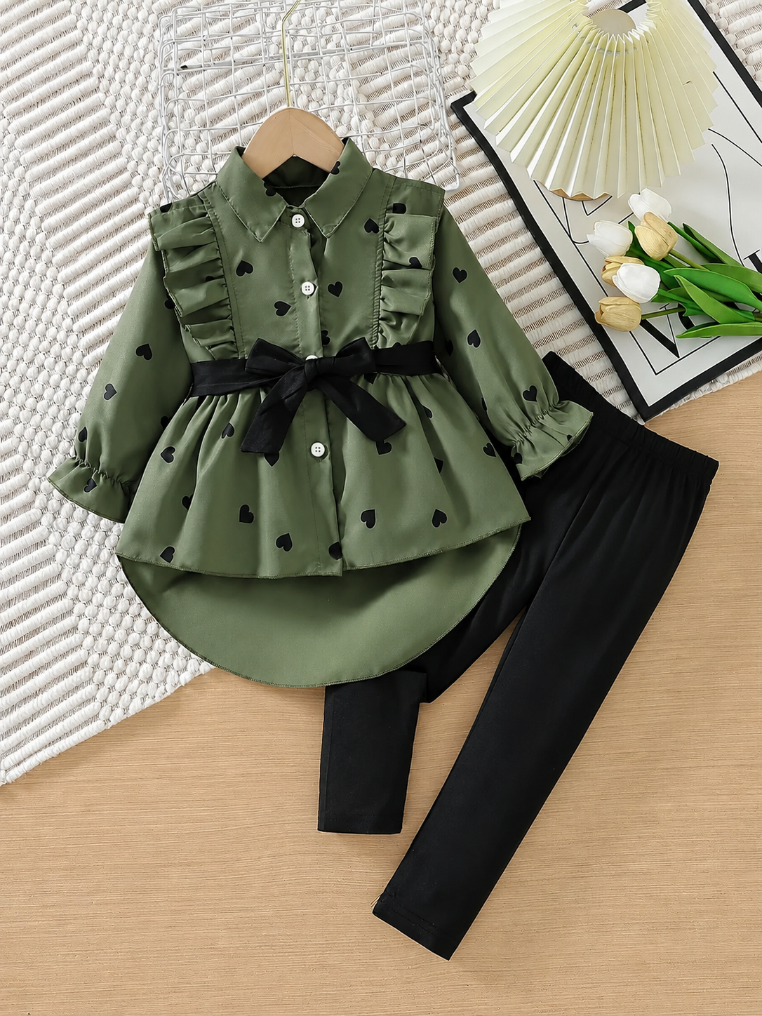 Imported 👗 Girls’ Long Shirt Dress With Belt & Leggings – Spring & Autumn Fashion Set