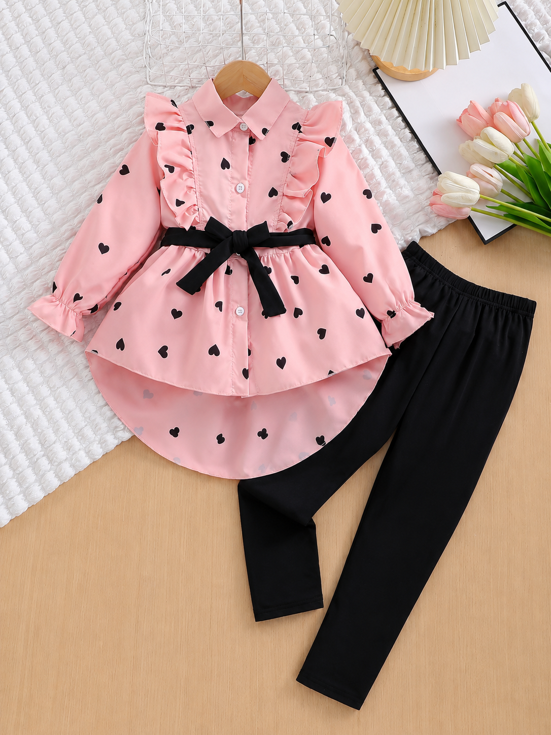 Imported 👗 Girls’ Long Shirt Dress With Belt & Leggings – Spring & Autumn Fashion Set