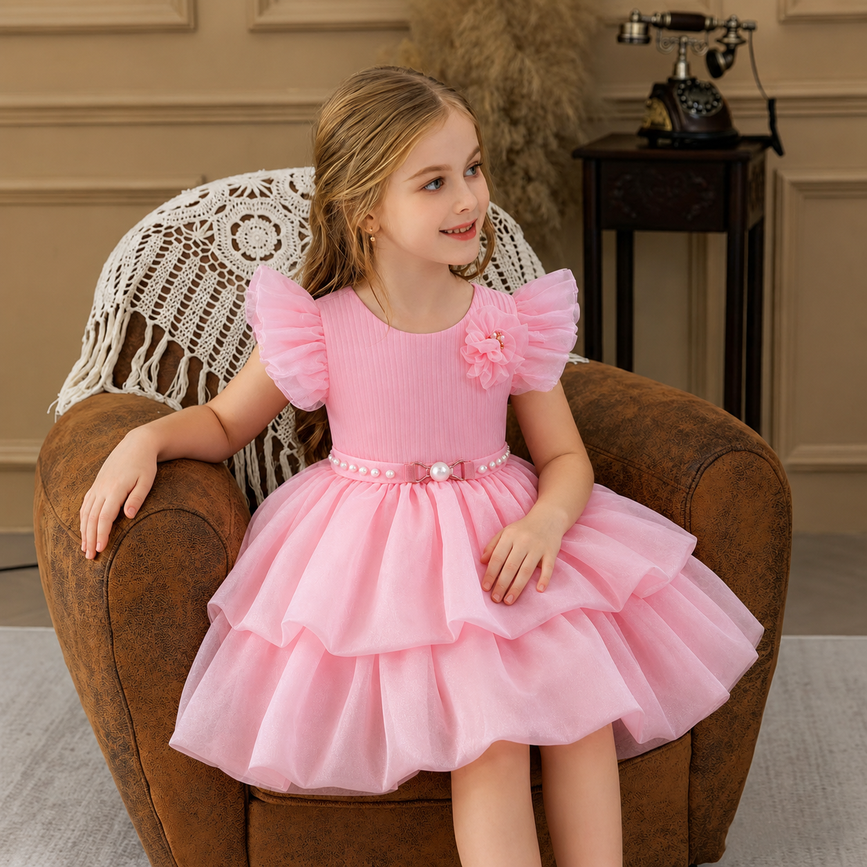 Spot export children's dress with beaded puffy princess style and floral pattern, perfect for baby girls. (Copy)