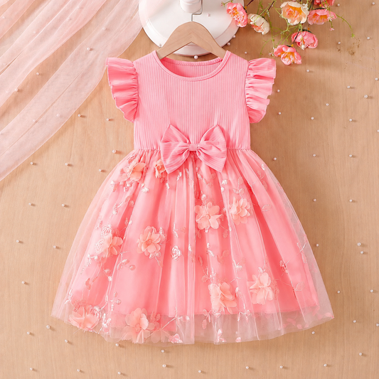 Imported 🌸 Girls’ Floral Embroidered Mesh Dress – Flutter Sleeve Toddler Princess Dress with Bow