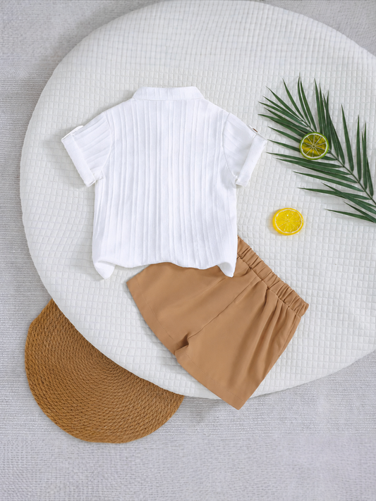 Imported Baby Boy Spring Summer Two-Piece Set – White Striped Shirt & Khaki Shorts