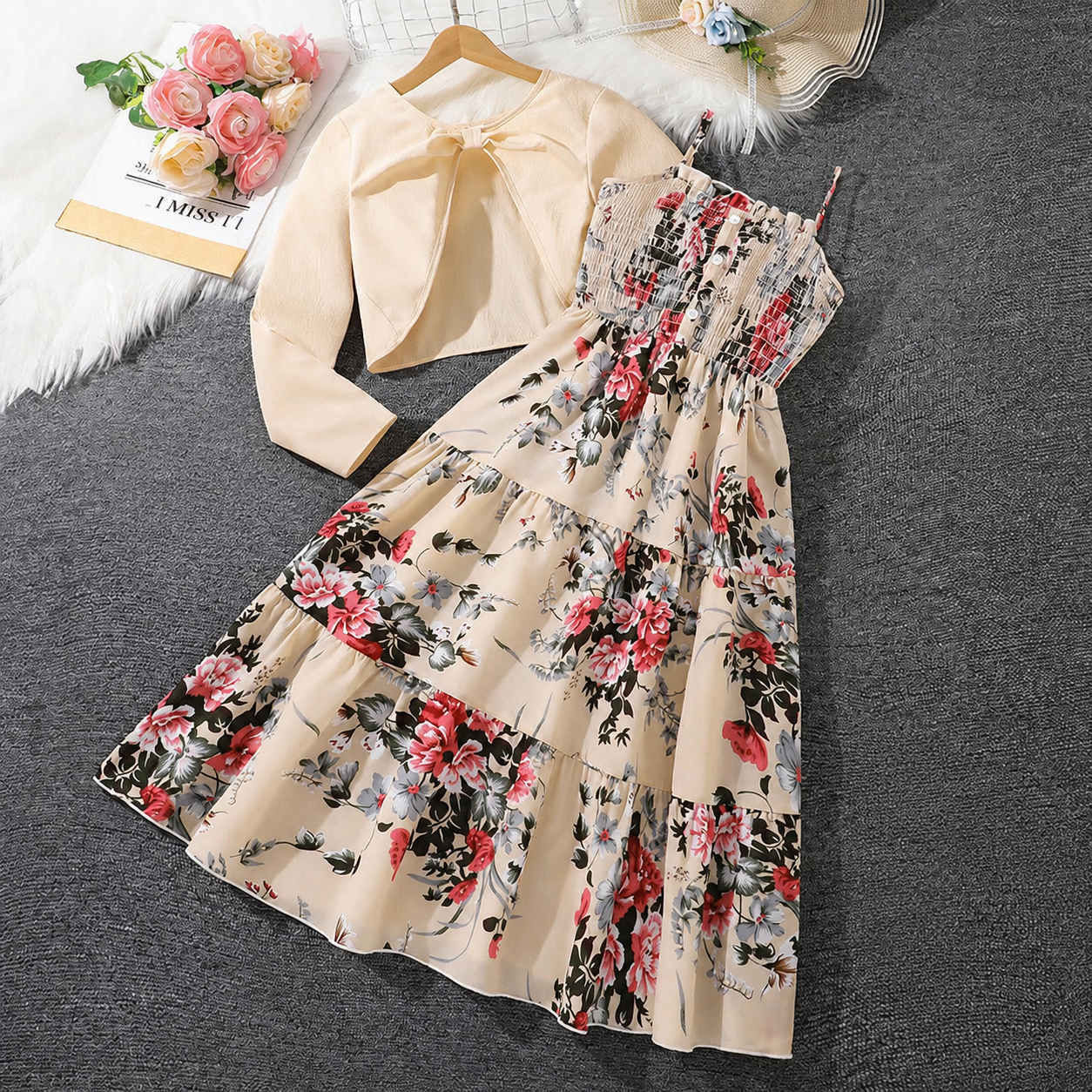 Imported🌸 Girls' Floral Dress & Jacket Set – Spring/Autumn Two-Piece Outfit