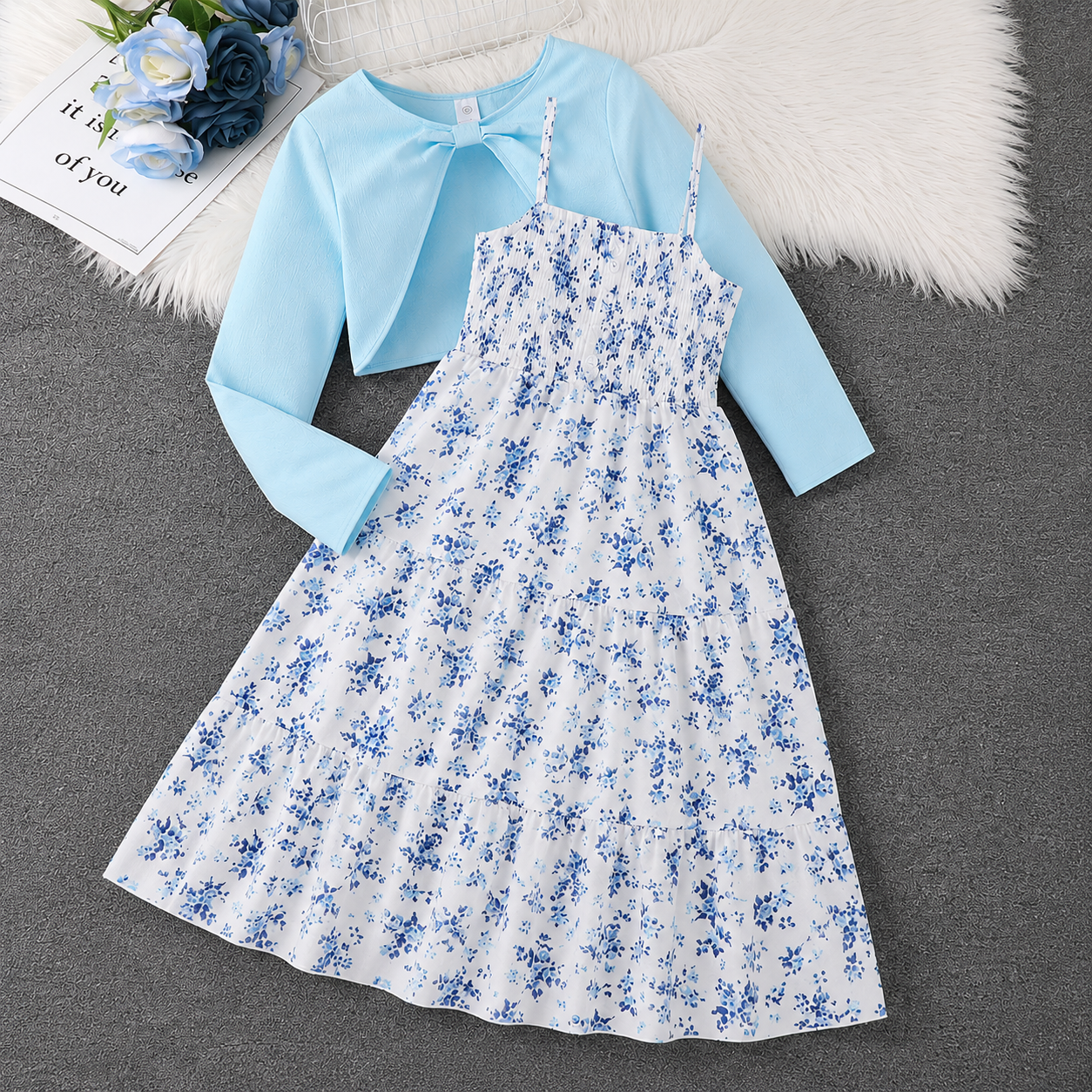 Imported🌸 Girls' Floral Dress & Jacket Set – Spring/Autumn Two-Piece Outfit