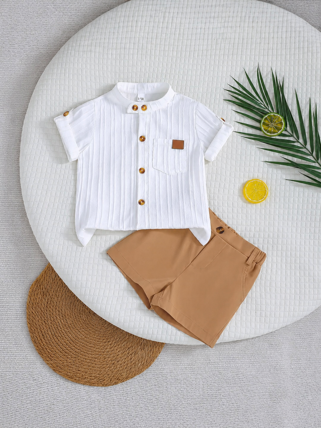 Imported Baby Boy Spring Summer Two-Piece Set – White Striped Shirt & Khaki Shorts