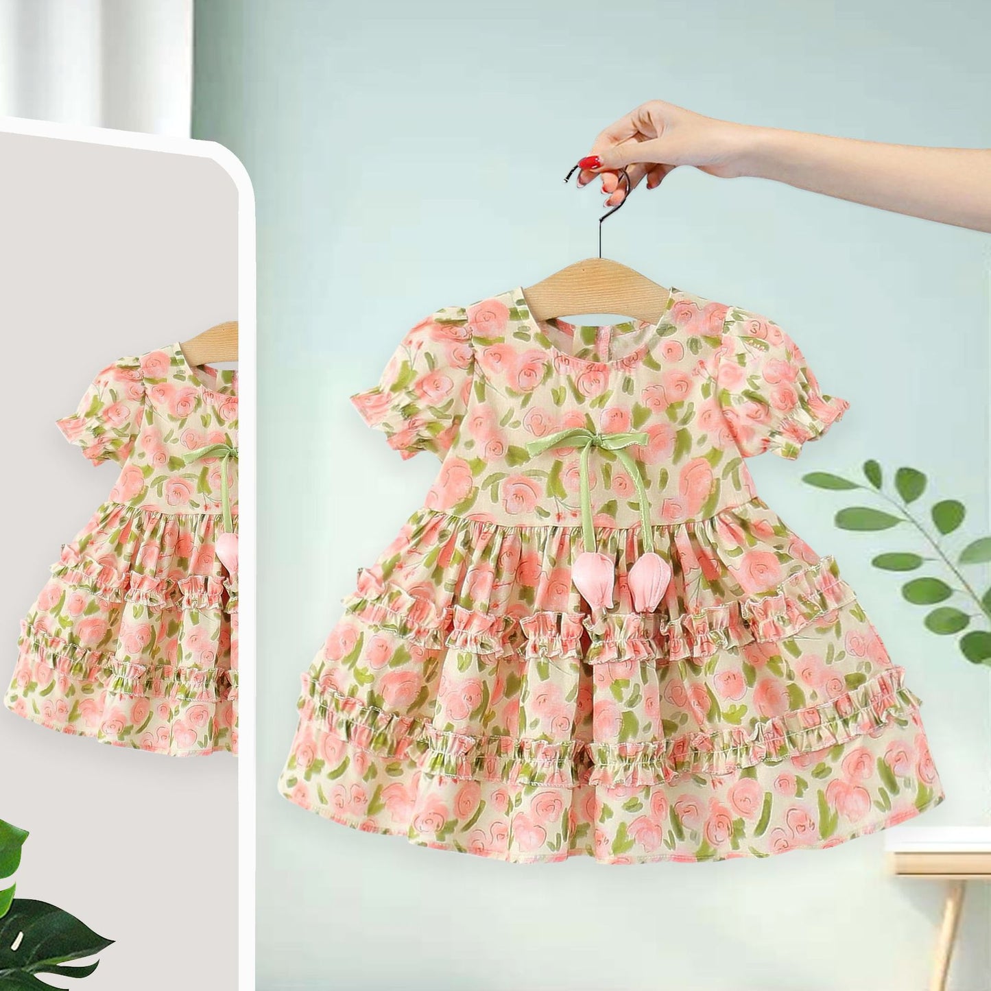 Imported🌹🌷 Girls’ Rose & Tulip Printed Princess Dress – Summer Short Sleeve