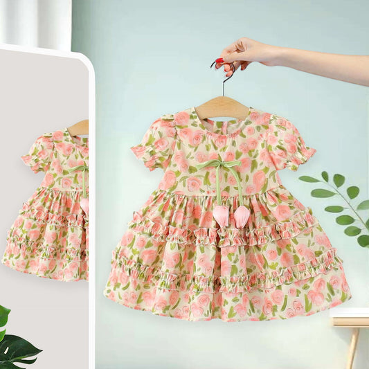 Imported🌹🌷 Girls’ Rose & Tulip Printed Princess Dress – Summer Short Sleeve