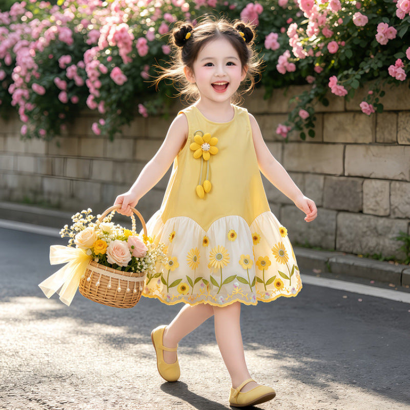 Girls' Summer Sleeveless Dress New Style Baby Girl 3D Floral Stylish Dress Vest Princess Dress