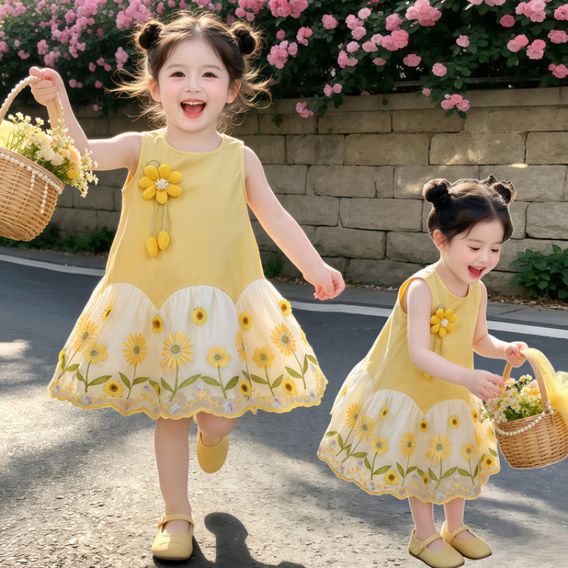 Girls' Summer Sleeveless Dress New Style Baby Girl 3D Floral Stylish Dress Vest Princess Dress