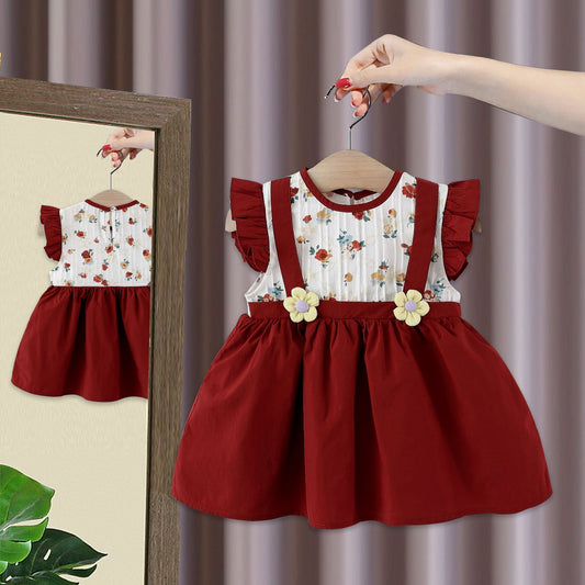 Imported 🌸 Girls’ Summer Flying Sleeve Dress – Cute Floral Princess Two-Piece Style