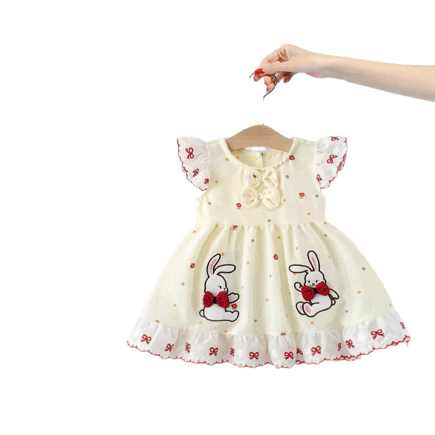 Imported 🐰 Girls’ Korean Style Rabbit Print Dress – Flutter Sleeve Summer Cotton Outfit