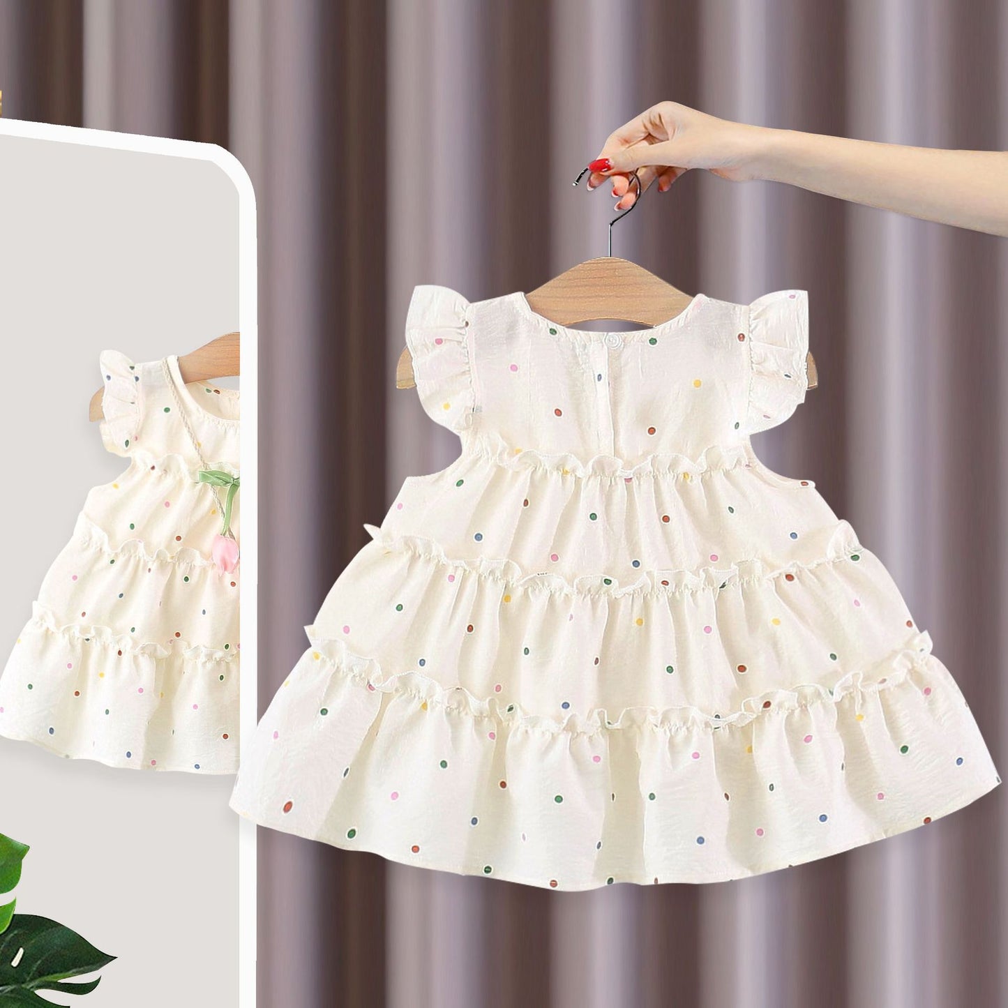 Imported 🌸 Girls' Polka Dot Floral Flutter Sleeve Princess Dress with Matching Bag