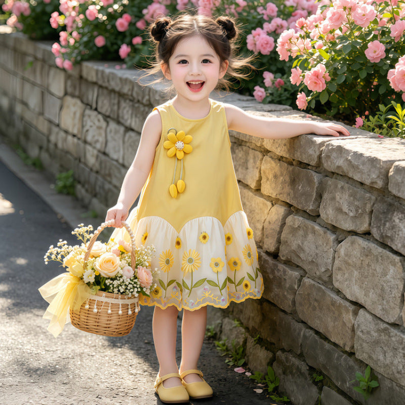 Girls' Summer Sleeveless Dress New Style Baby Girl 3D Floral Stylish Dress Vest Princess Dress