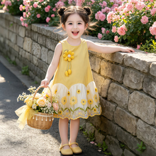 Girls' Summer Sleeveless Dress New Style Baby Girl 3D Floral Stylish Dress Vest Princess Dress