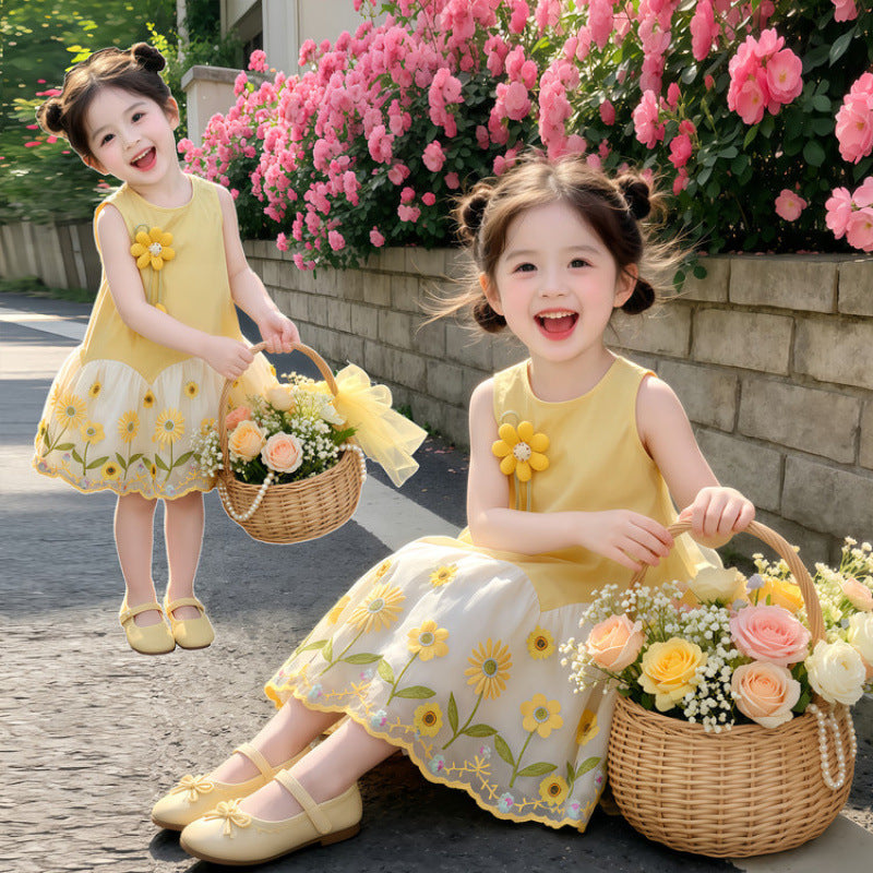 Girls' Summer Sleeveless Dress New Style Baby Girl 3D Floral Stylish Dress Vest Princess Dress
