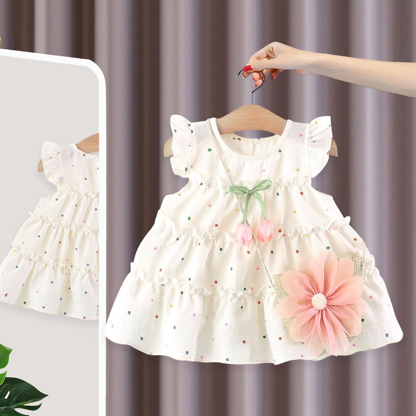 Imported 🌸 Girls' Polka Dot Floral Flutter Sleeve Princess Dress with Matching Bag