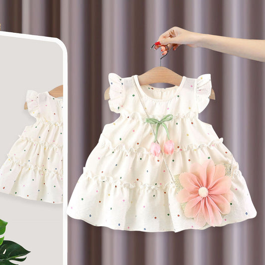 Imported 🌸 Girls' Polka Dot Floral Flutter Sleeve Princess Dress with Matching Bag