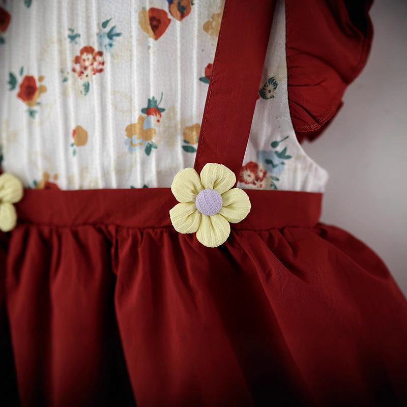 Imported 🌸 Girls’ Summer Flying Sleeve Dress – Cute Floral Princess Two-Piece Style