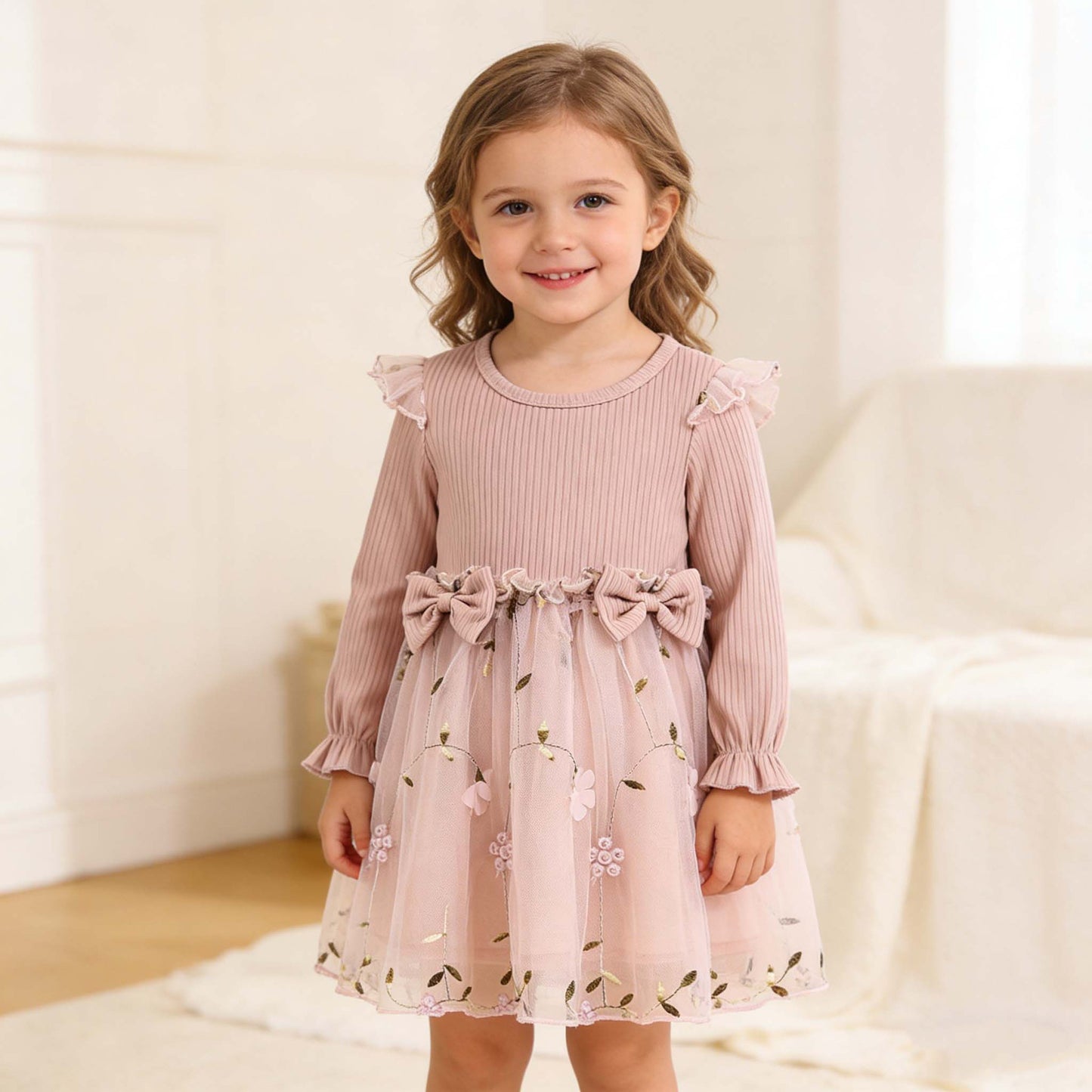Imported 🌸 Baby Girls’ Mesh Long-Sleeve Dress – European Style Spring & Autumn Outfit