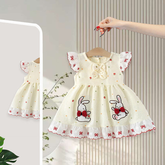 Imported 🐰 Girls’ Korean Style Rabbit Print Dress – Flutter Sleeve Summer Cotton Outfit
