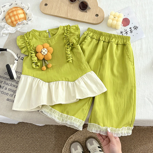 Imported🌻 Girls' Sunflower Ruffle Summer Set | Trendy & Stylish Kids Outfit