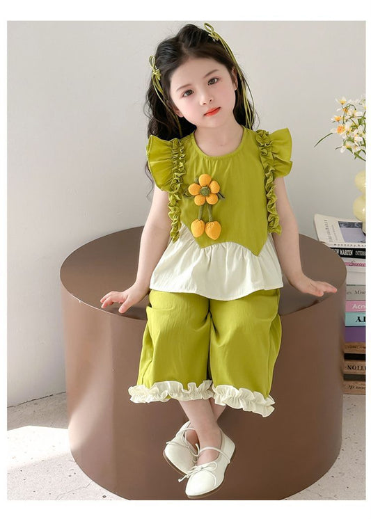 Imported🌻 Girls' Sunflower Ruffle Summer Set | Trendy & Stylish Kids Outfit