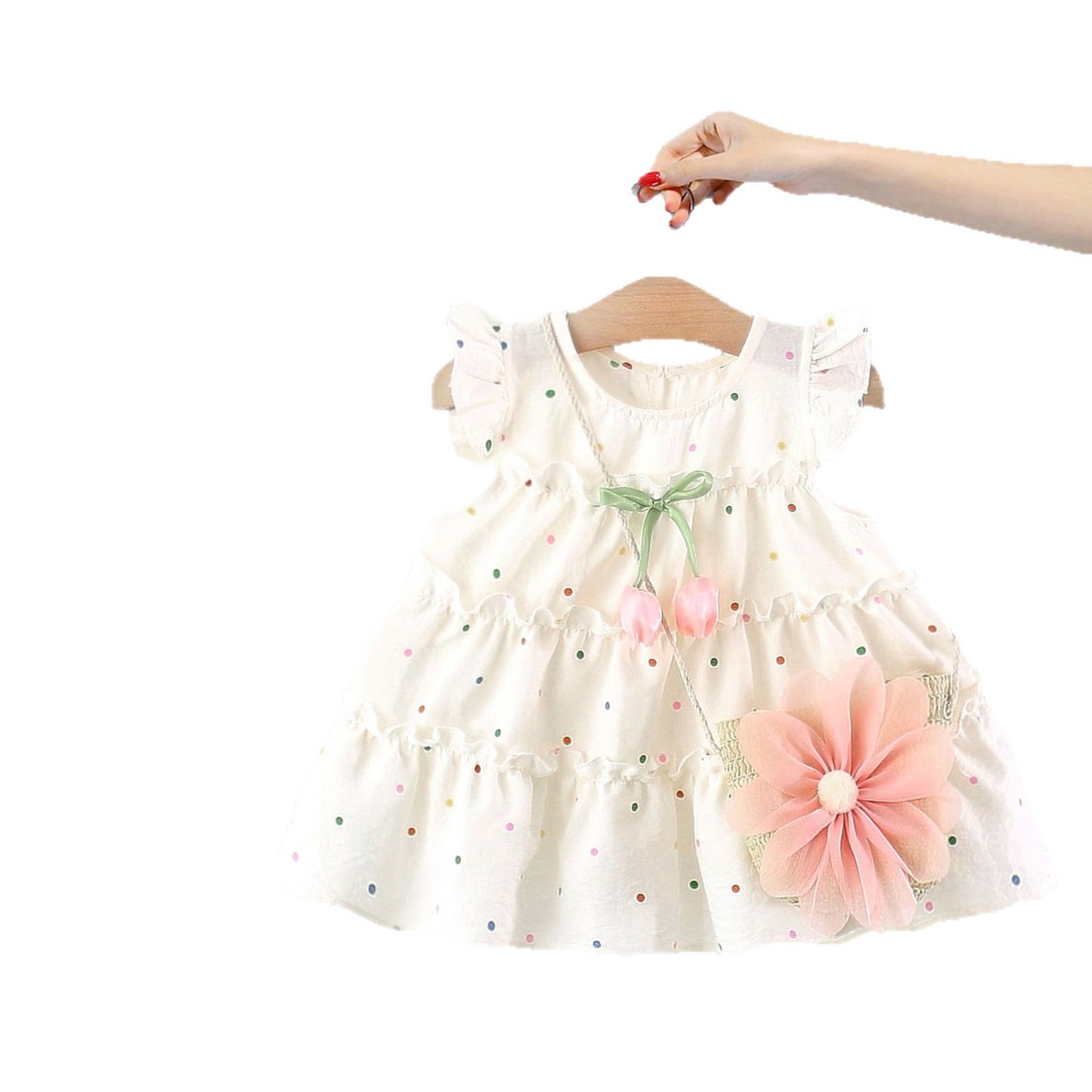 Imported 🌸 Girls' Polka Dot Floral Flutter Sleeve Princess Dress with Matching Bag