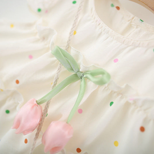 Imported 🌸 Girls' Polka Dot Floral Flutter Sleeve Princess Dress with Matching Bag