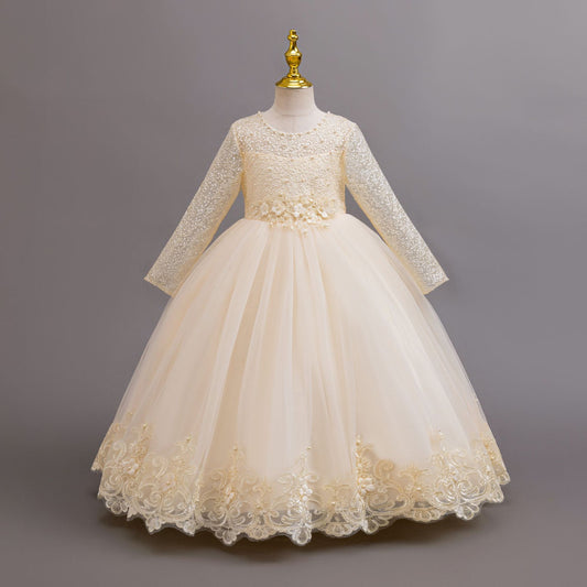Imported ✨ Girls’ Long-Sleeve Lace Princess Dress – Wedding & Birthday Flower Girl Dress