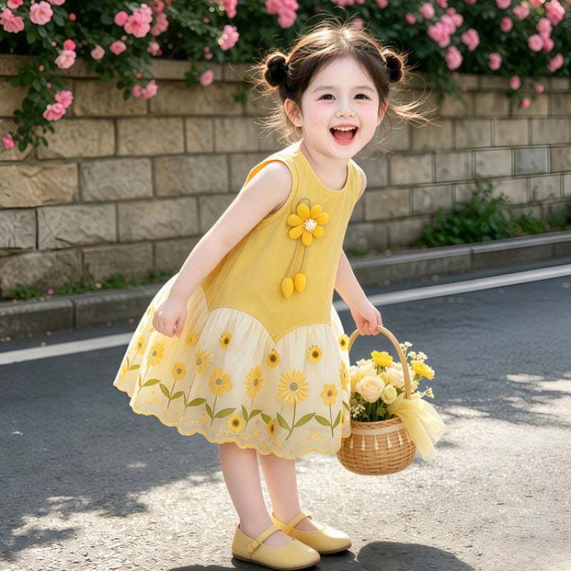 Girls' Summer Sleeveless Dress New Style Baby Girl 3D Floral Stylish Dress Vest Princess Dress