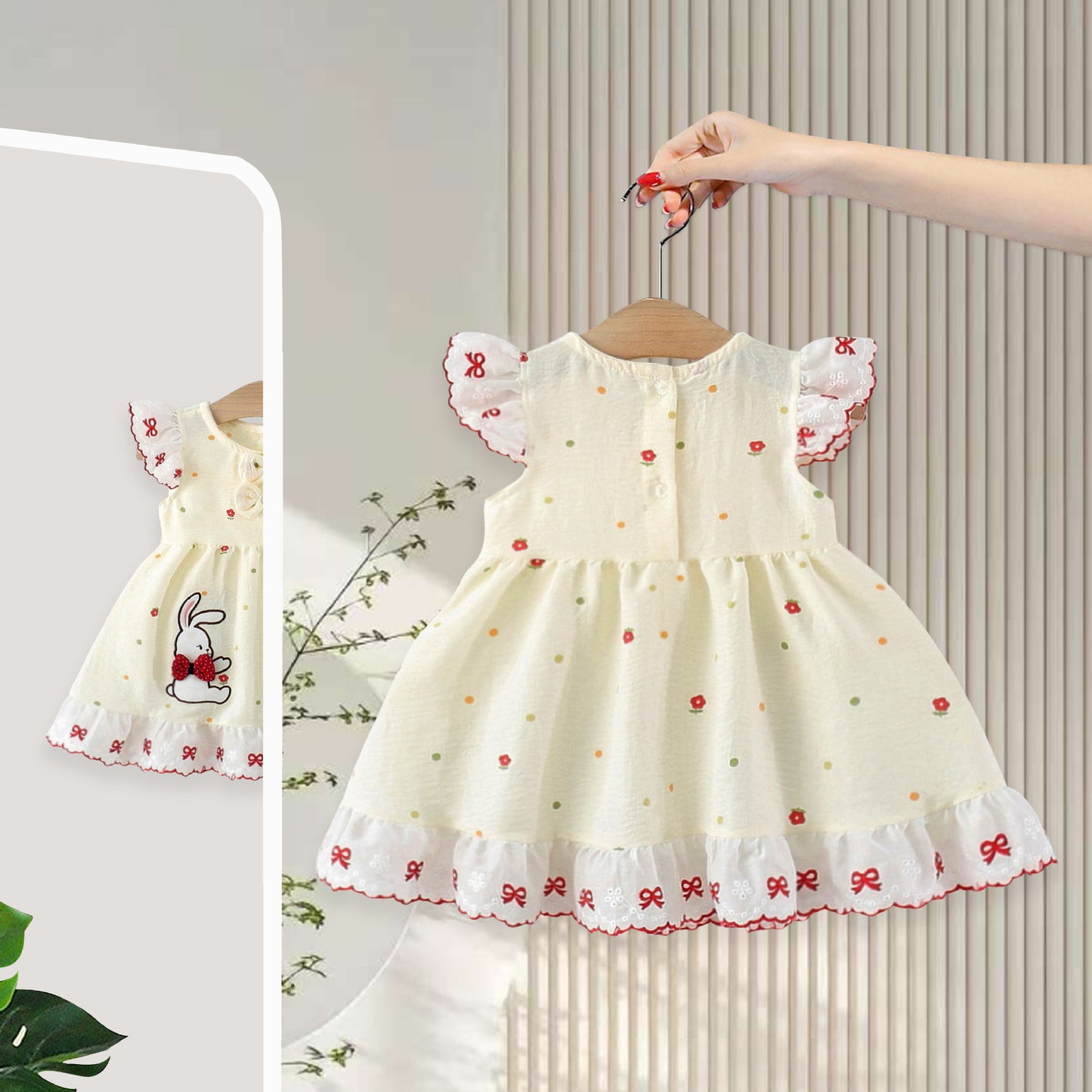 Imported 🐰 Girls’ Korean Style Rabbit Print Dress – Flutter Sleeve Summer Cotton Outfit