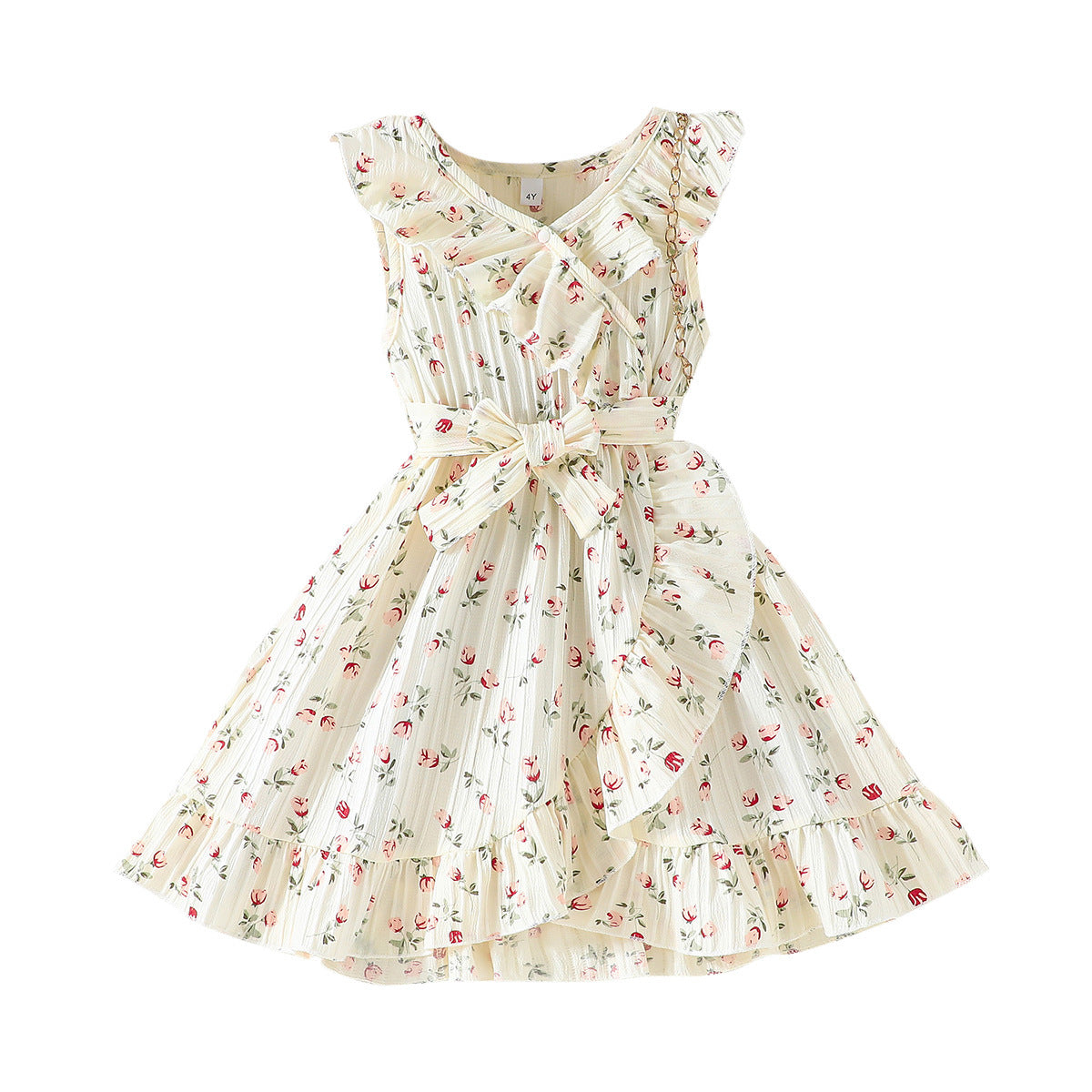 Imported 🌼 Girls’ Summer Beige Floral Dress – Lotus Collar with Belt