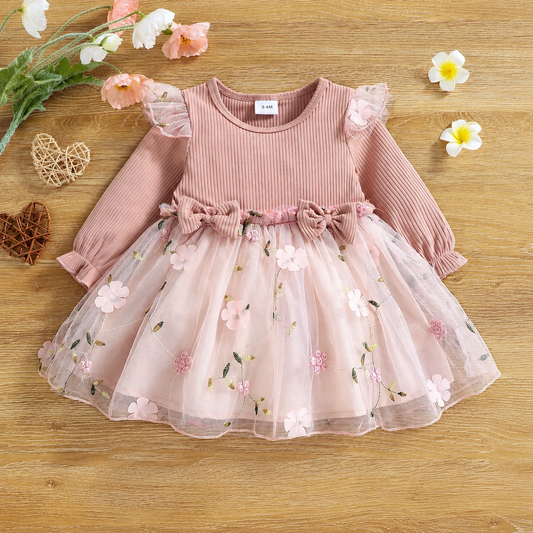 Imported 🌸 Baby Girls’ Mesh Long-Sleeve Dress – European Style Spring & Autumn Outfit