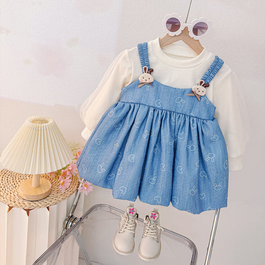 Children's Fashion Korean Style Dress, Girls' Round Neck Long Sleeve Cartoon Print Suspender Faux Two-Piece Patchwork Dress