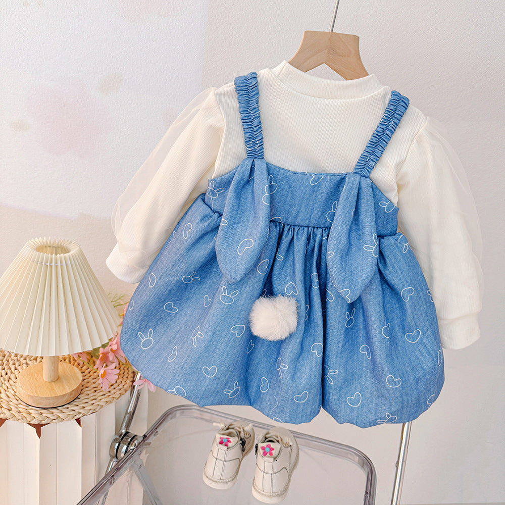 Children's Fashion Korean Style Dress, Girls' Round Neck Long Sleeve Cartoon Print Suspender Faux Two-Piece Patchwork Dress