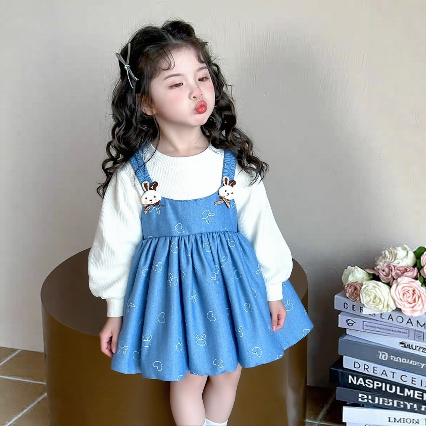 Children's Fashion Korean Style Dress, Girls' Round Neck Long Sleeve Cartoon Print Suspender Faux Two-Piece Patchwork Dress