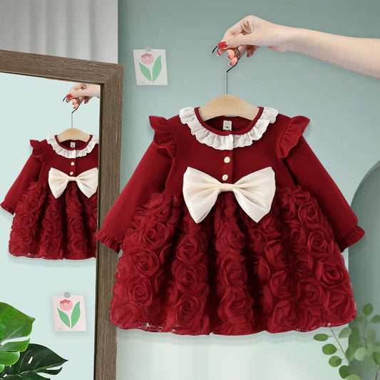 Girls' Dress, Autumn New Style, Long-Sleeved Princess Dress, Stylish Bow Knot Casual Dress
