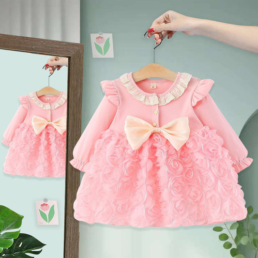 Girls' Dress, Autumn New Style, Long-Sleeved Princess Dress, Stylish Bow Knot Casual Dress