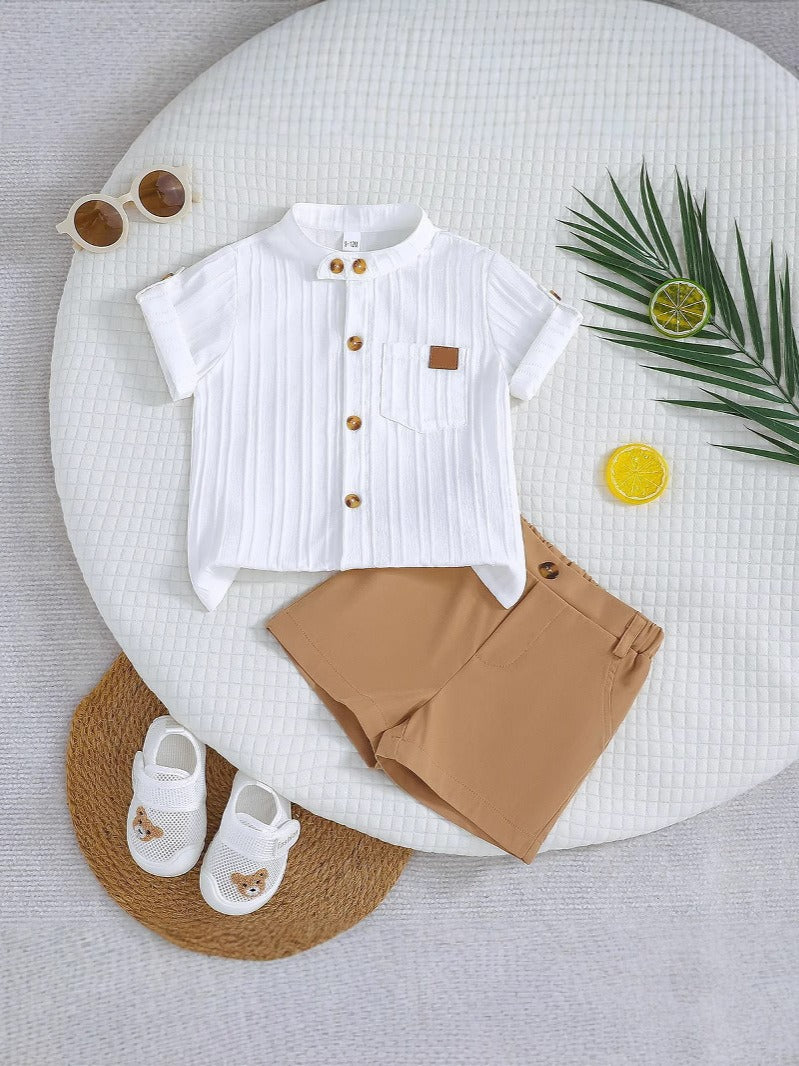 Imported Baby Boy Spring Summer Two-Piece Set – White Striped Shirt & Khaki Shorts